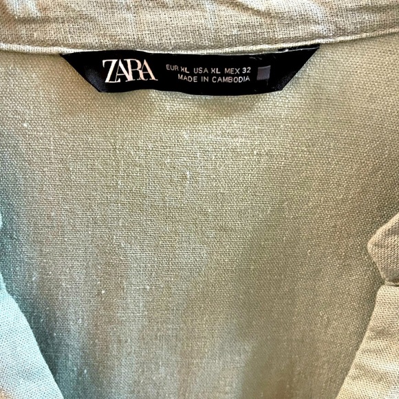 Zara Women's Linen Blend Front Roll Tab Sleeve Top Blouse Shirt Olive Sz XLarge - Picture 2 of 7